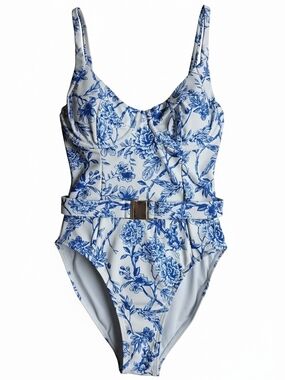 NWT Hutch Blue Ink Chinoserie Print Bustier Belted One-Piece Swimsuit Size M